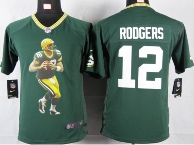 NEW Youth Green Bay Packers #12 Rodgers Green Portrait Fashion Game Jerseys