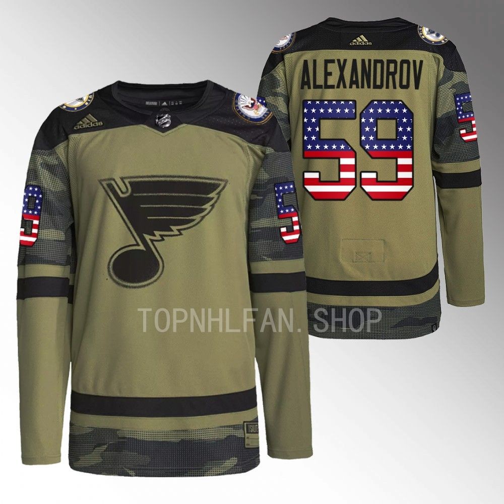Nikita Alexandrov Blues Veterans Day Jersey Camo Warmup