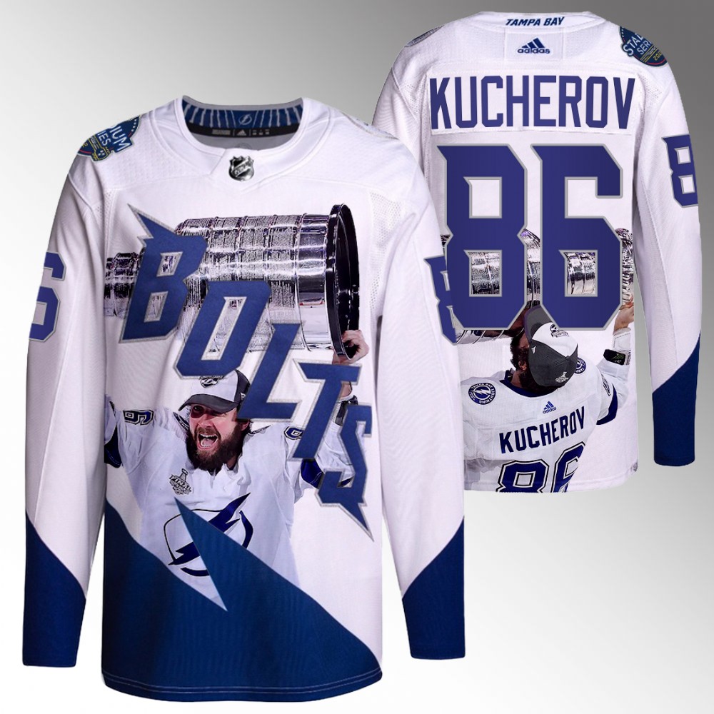 Nikita Kucherov Lightning 2021 Stanley Cup Champs Raising Cup Jersey White