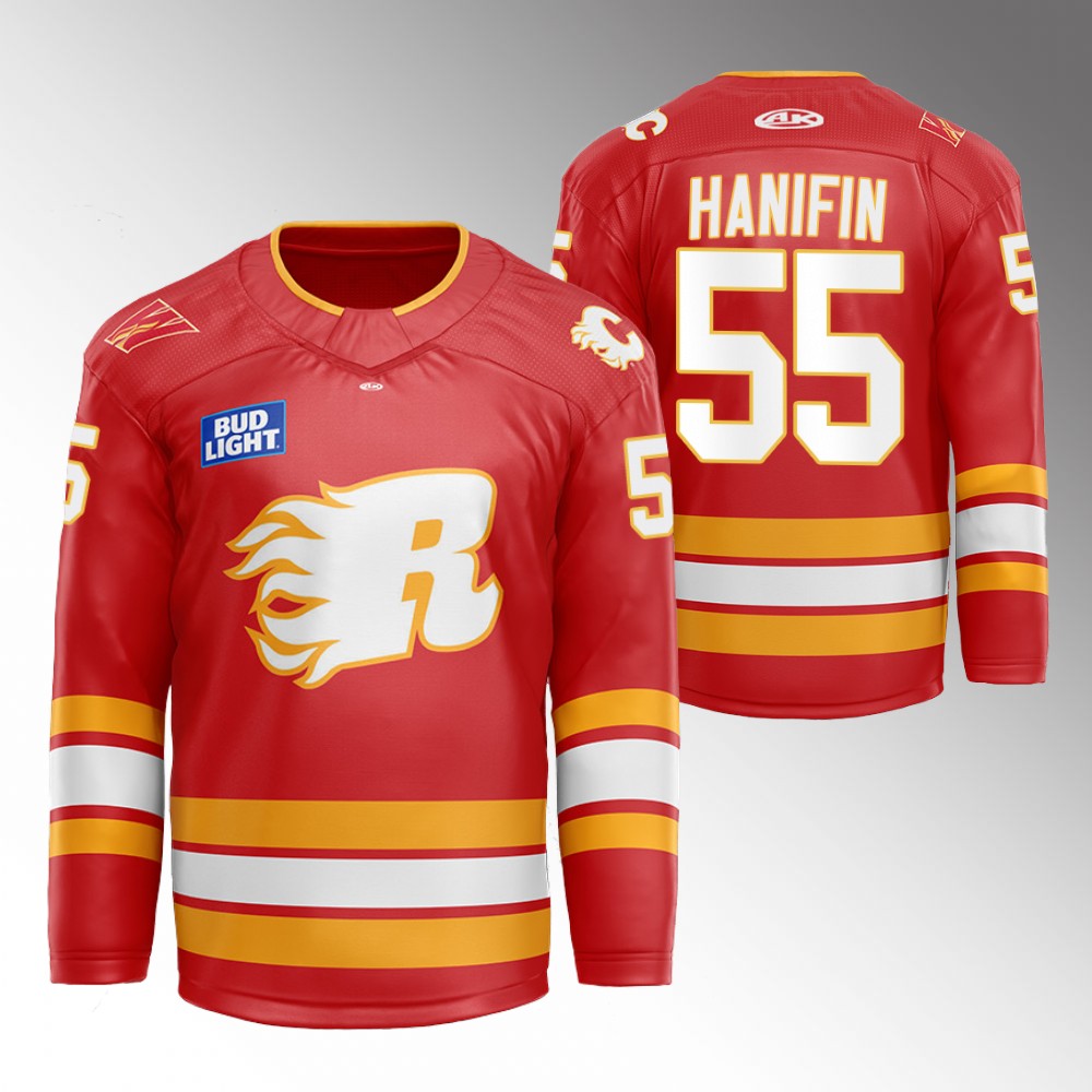 Noah Hanifin Flames Flames X Rush X CGY Wranglers Jersey Red Warmup