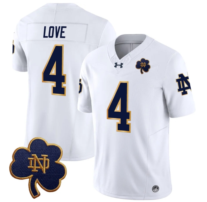 Notre Dame Fighting Irish 2024 Vapor Limited Football  Jersey V3 - All Stitched  WHITE #4 JEREMIYAH LOVE