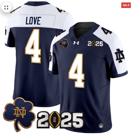 Notre Dame Fighting Irish 2025 CFP Final Patch Vapor Limited Custom Jersey - All Stitched Navy Alternate Jeremiyah Love