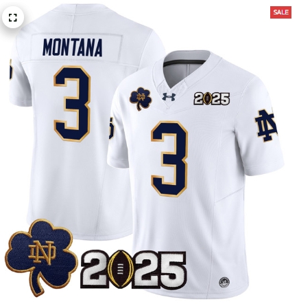 Notre Dame Fighting Irish 2025 CFP Final Patch Vapor Limited Custom Jersey - All Stitched White Joe Montana