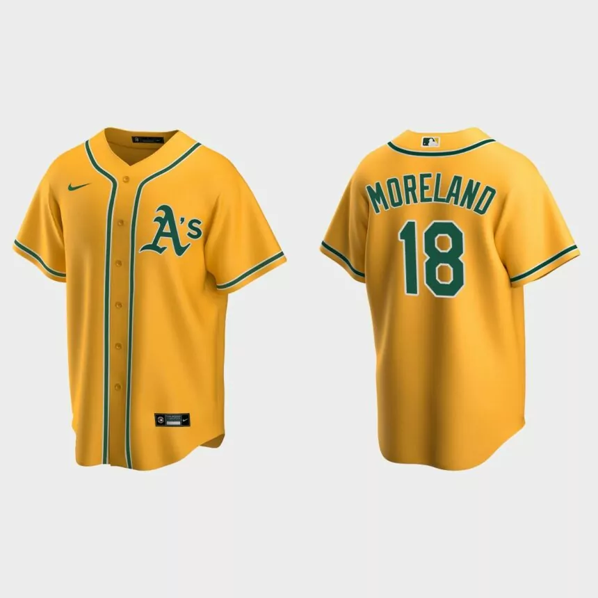 Oakland Athletics #18 Mitch Moreland Replica Alternate Jersey – Gold