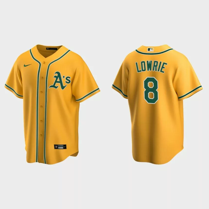 Oakland Athletics #8 Jed Lowrie Replica Alternate Jersey – Gold
