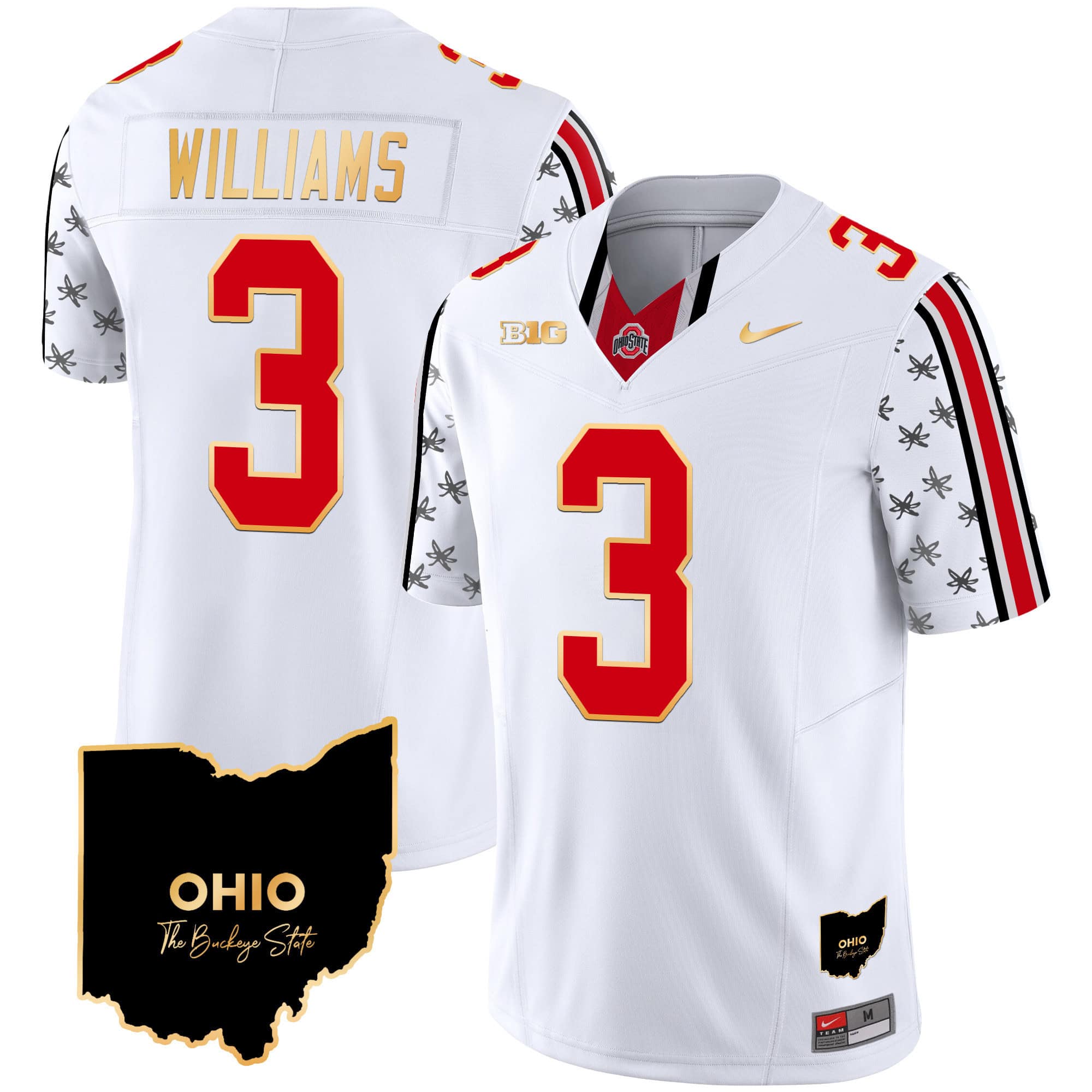 Ohio State Buckeyes 2024 Home Patch Gold Trim Vapor Limited  Football Jersey – All Stitched White Limited #3 Miyan Williams