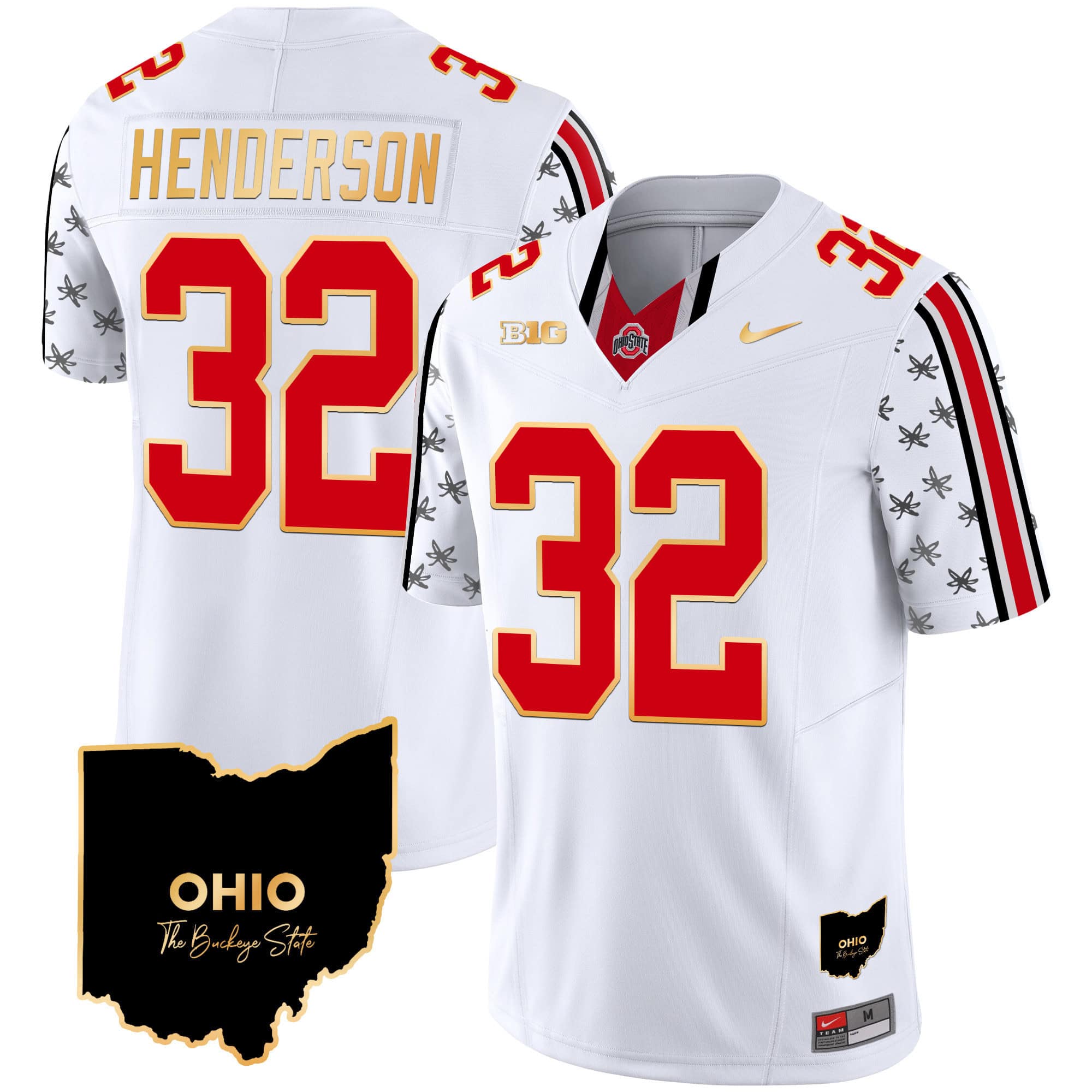 Ohio State Buckeyes 2024 Home Patch Gold Trim Vapor Limited  Football Jersey – All Stitched White Limited #32 Treveyon Henderson