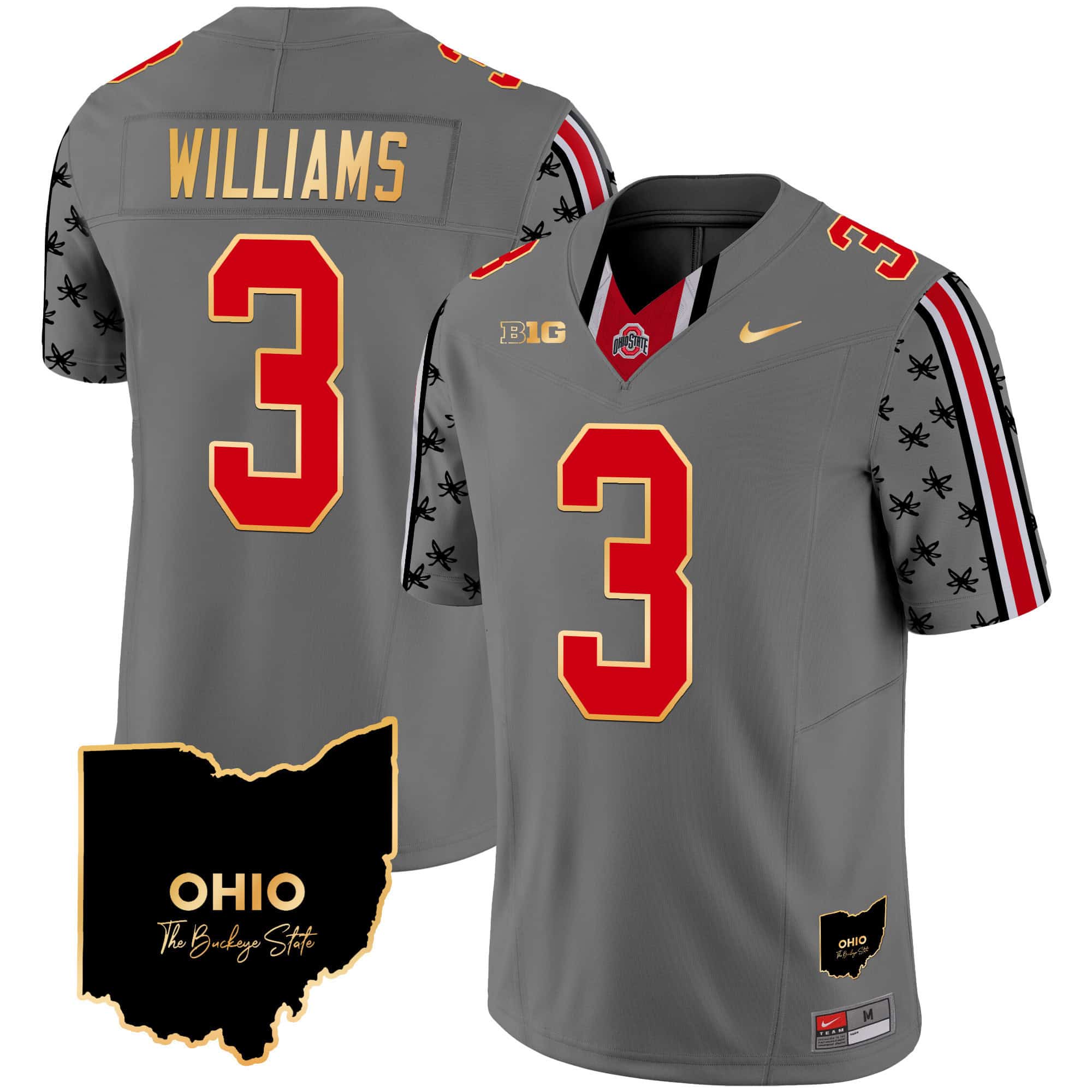 Ohio State Buckeyes 2024 Home Patch Gold Trim Vapor Limited Football Jersey – All Stitched Gray #3 Miyan Williams