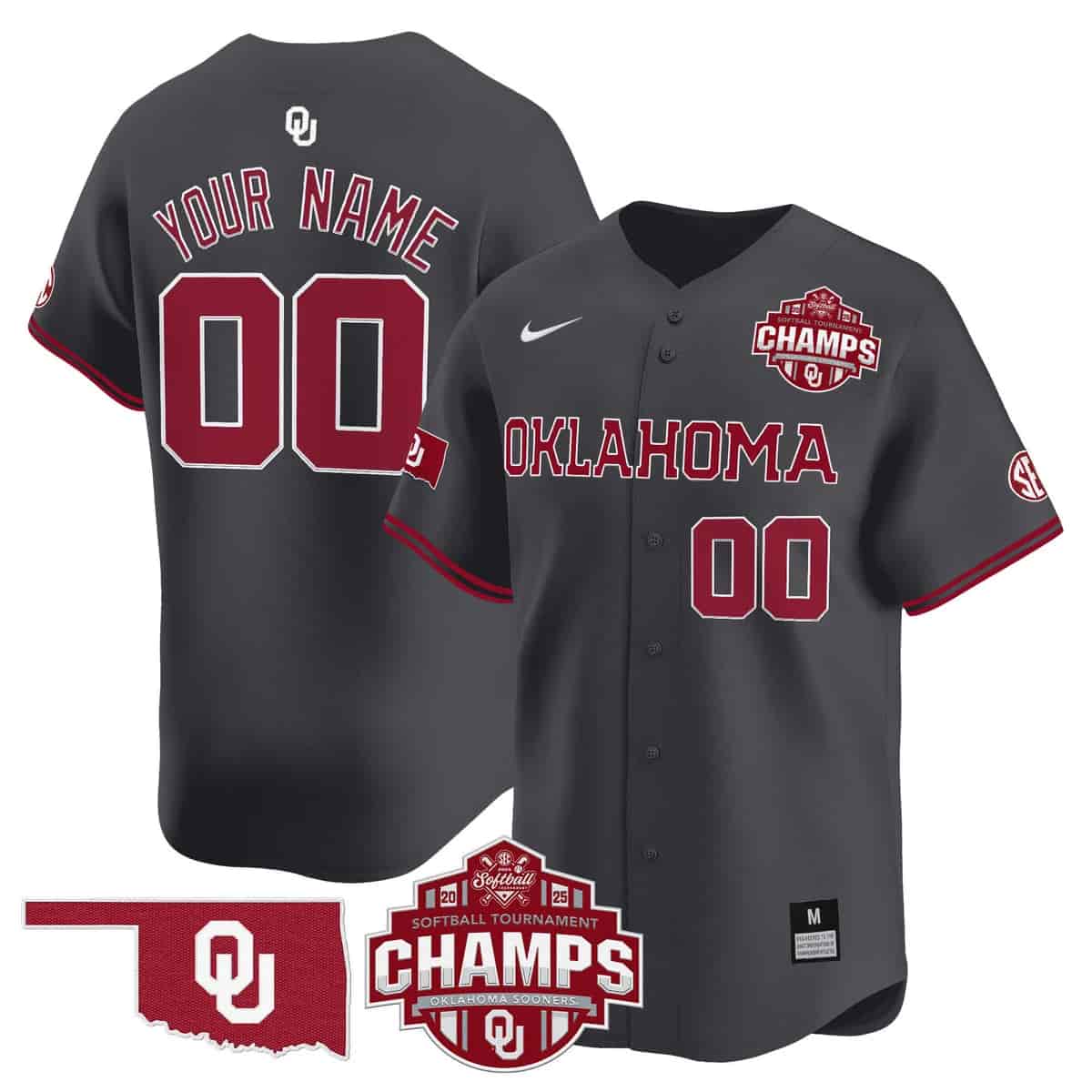 Oklahoma Sooners 2025 SEC Softball Conference Tournament Champions Patch Vapor Premier Limited Custom Jersey - All Stitched Anthracite