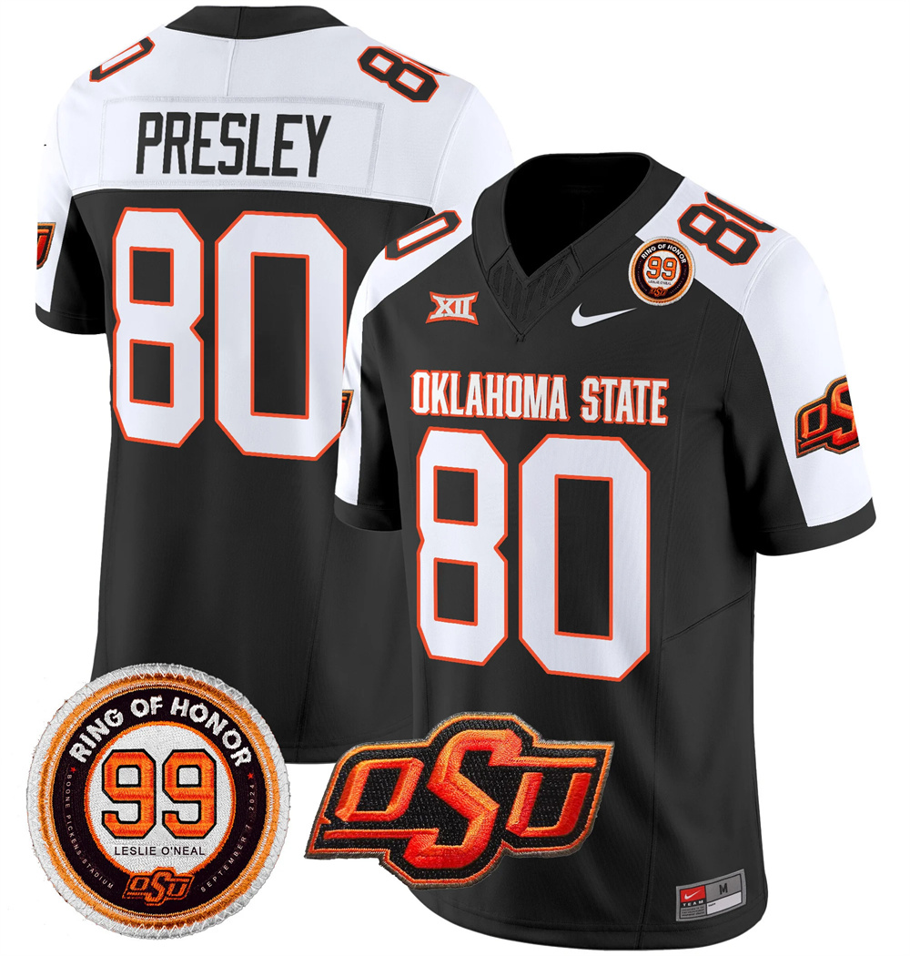 Oklahoma State Cowboys Leslie O'neal Patch Vapor Limited Football Jersey - All Stitched BLACK ALTERNATE #80 BRENNAN PRESLEY