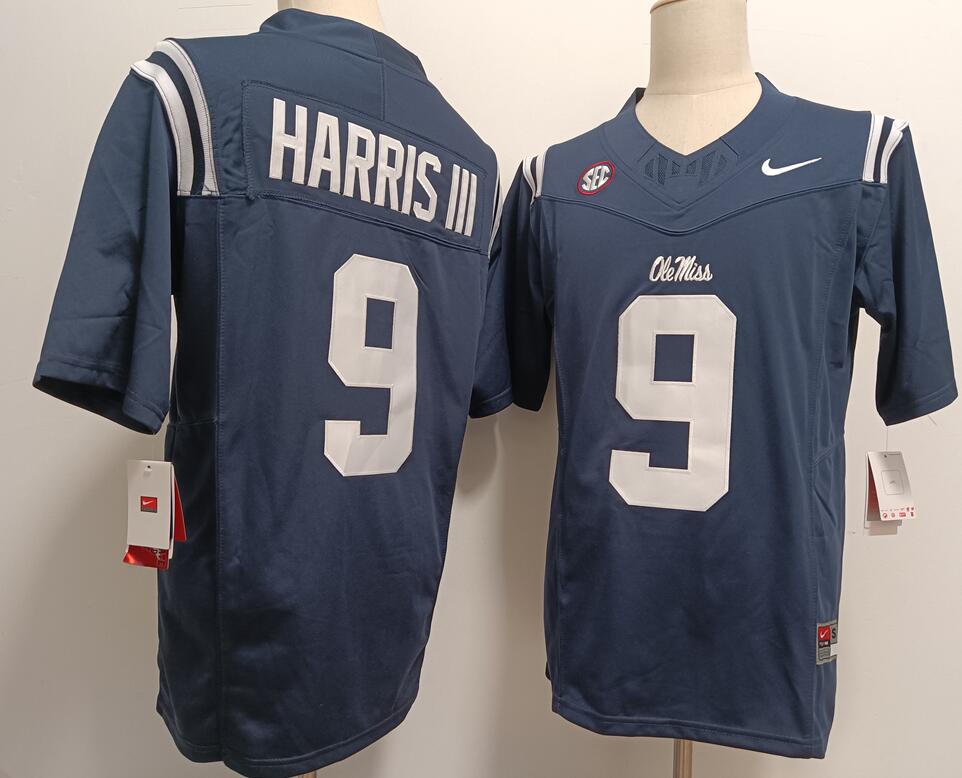 Ole miss 9 Tre Harris III Navy Football Jersey