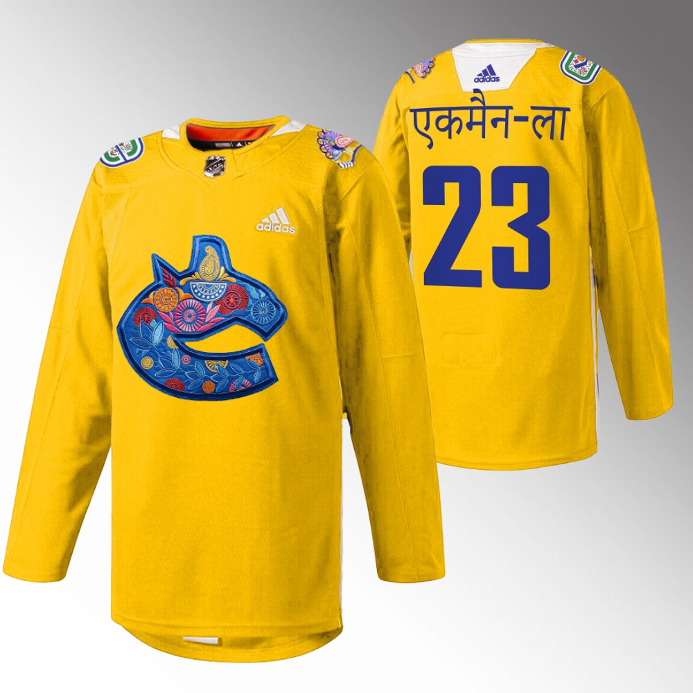 Oliver Ekman-Larsson Canucks Diwali Night Jersey Yellow Warmup