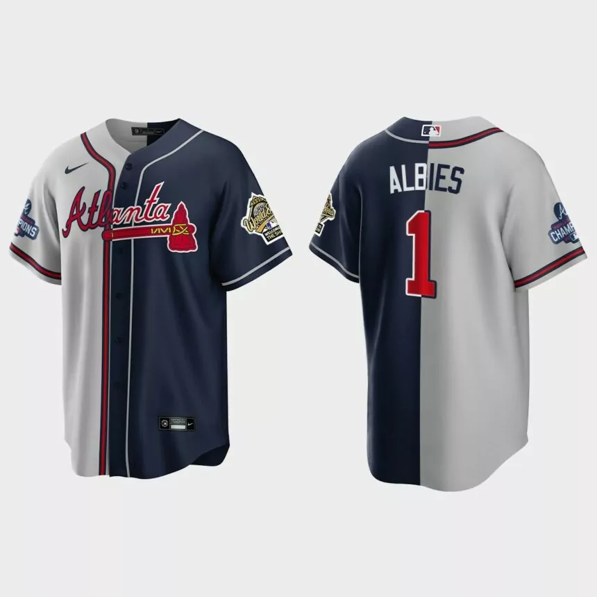 Ozzie Albies Atlanta Braves 2021 World Series Champions 1995 Throwback Split Jersey – Gray Navy