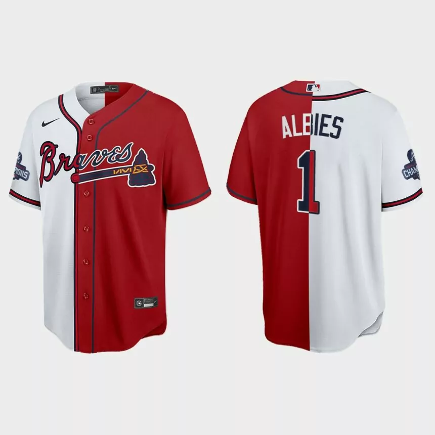 Ozzie Albies Atlanta Braves 2021 World Series Champions Split Jersey – Red White