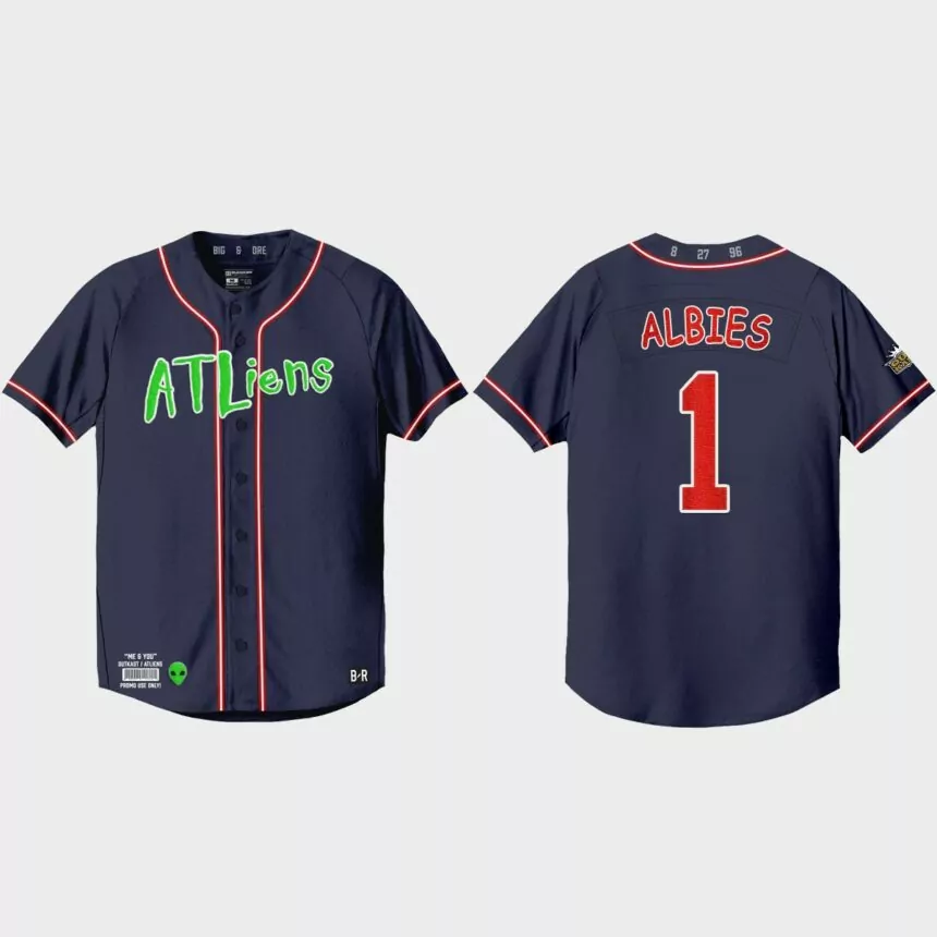 Ozzie Albies Atlanta Braves 25th Anniversary Baseball Outkast Jersey – Navy