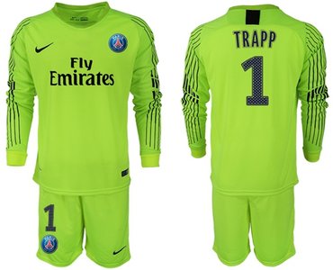 Paris Saint-Germain #1 Trapp Shiny Green Goalkeeper Long Sleeves Soccer Club Jersey