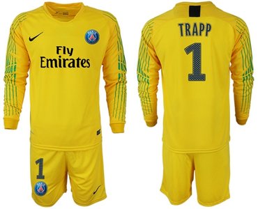 Paris Saint-Germain #1 Trapp Yellow Goalkeeper Long Sleeves Soccer Club Jersey