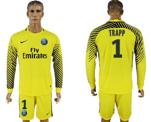 Paris Saint-Germain #1 Trapp Yellow Goalkeeper Long Sleeves Soccer Club Jersey