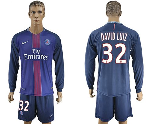 Paris Saint-Germain #32 David Luiz Home Long Sleeves Soccer Club Jersey