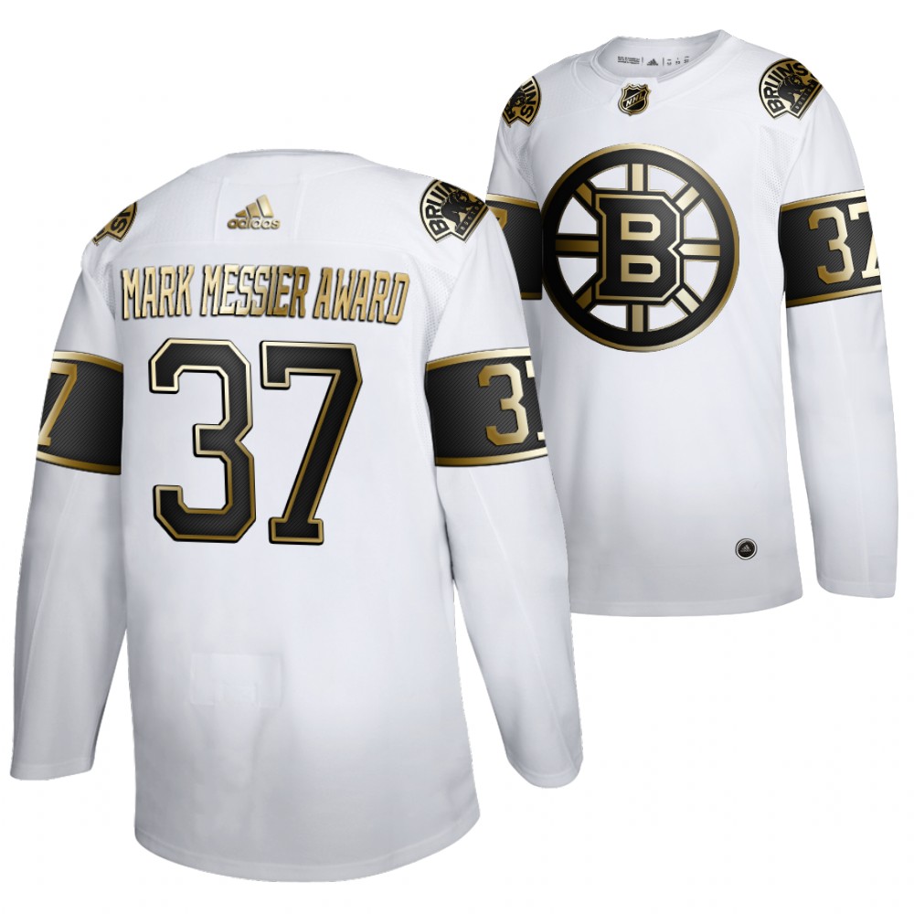 Patrice Bergeron Mark Messier Award 2021 White Bruins #37 Jersey Golden Limited