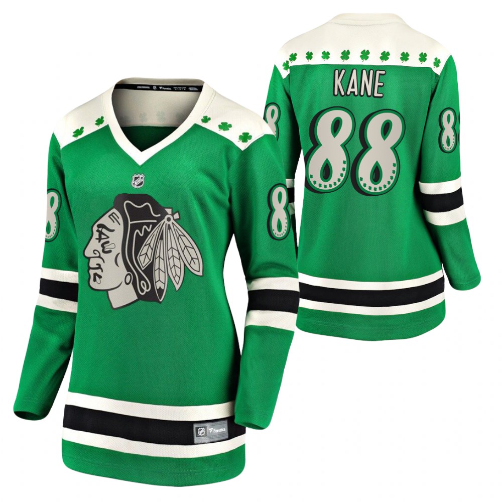 Patrick Kane #88 Blackhawks 2021 St. Patrick's Day Women Jersey Green