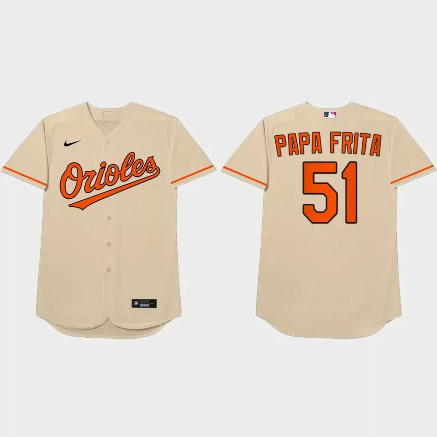 Paul Fry Nickname Orioles 2021 Players’ Weekend Papa Frita Jersey – Cream