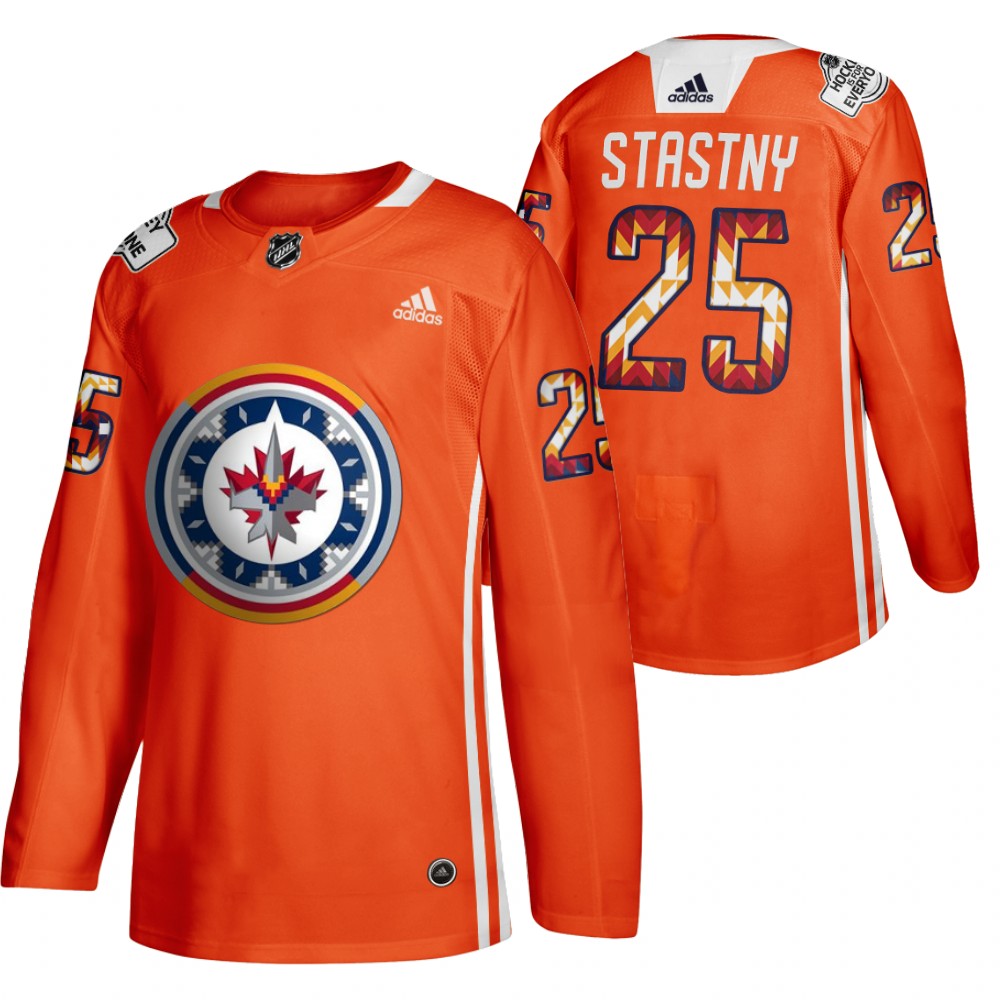 Paul Stastny Jets 2022 WASAC Night Jersey Orange Indigenous Warmup
