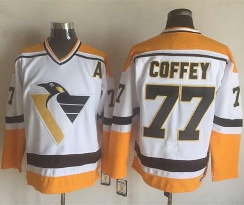 Penguins #77 Paul Coffey White Yellow CCM Throwback Stitched NHL Jersey
