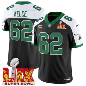 Philadelphia Eagles Kelly Green Super Bowl LIX Patch Vapor Limited Football Jersey - All Stitched Black Alternate Jason Kelce