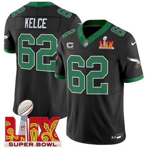 Philadelphia Eagles Kelly Green Super Bowl LIX Patch Vapor Limited Football Jersey - All Stitched Black Jason Kelce