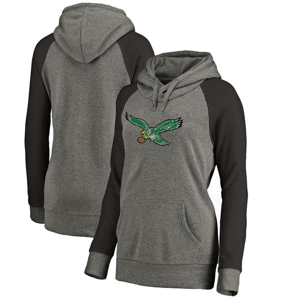 Philadelphia Eagles NFL Pro Line By Fanatics Branded Women's Throwback Logo Tri-Blend Raglan Plus Size Pullover Hoodie Gray Black