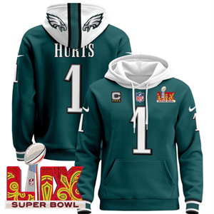 Philadelphia Eagles Super Bowl LIX Patch Pullover Hoodie  Midnight Green Jalen Hurts 1