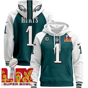 Philadelphia Eagles Super Bowl LIX Patch Pullover Hoodie  Midnight Green Jalen Hurts1