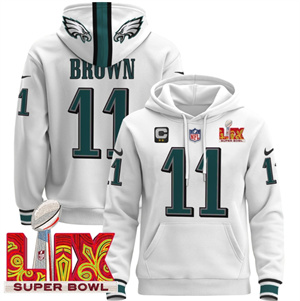 Philadelphia Eagles Super Bowl LIX Patch Pullover Hoodie  White A.J. Brown 11