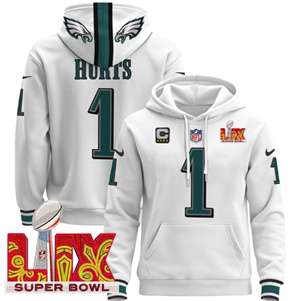 Philadelphia Eagles Super Bowl LIX Patch Pullover Hoodie  White Jalen Hurts 1