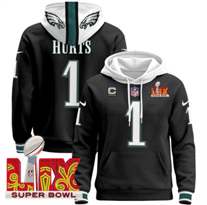 Philadelphia Eagles Super Bowl LIX Patch Pullover Hoodie Black Jalen Hurts 1
