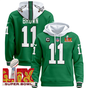 Philadelphia Eagles Super Bowl LIX Patch Pullover Hoodie Kelly Green A.J. Brown  11