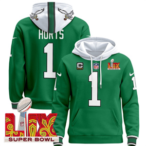 Philadelphia Eagles Super Bowl LIX Patch Pullover Hoodie Kelly Green Jalen Hurts 1