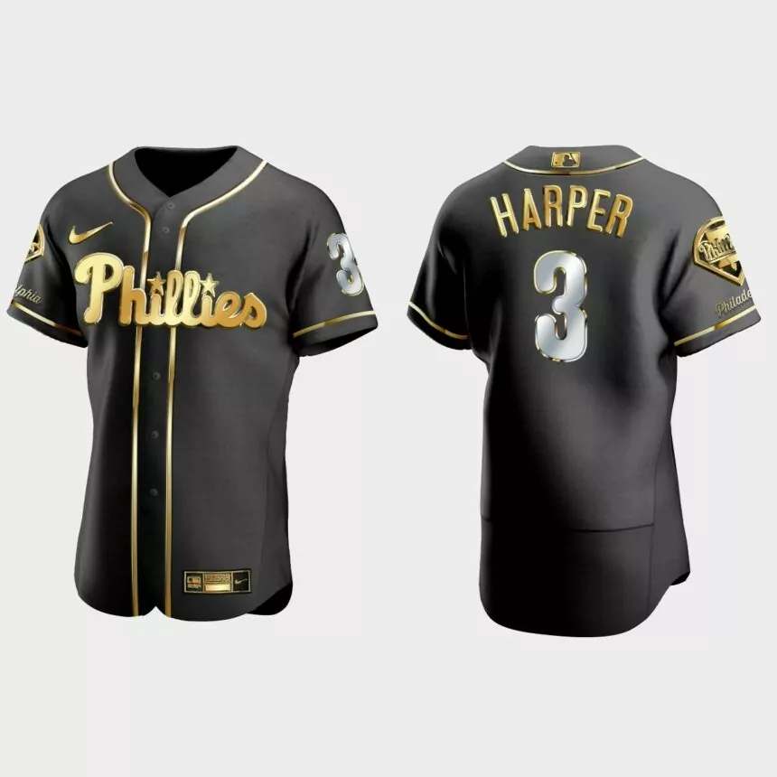 Philadelphia Phillies #3 Bryce Harper Golden Edition Authentic Jersey – Black