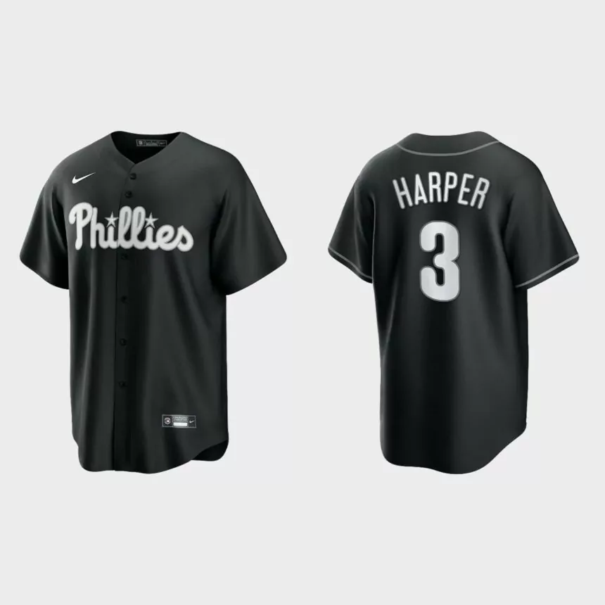 Philadelphia Phillies Bryce Harper 2021 All Black Fashion Replica Jersey – Black White