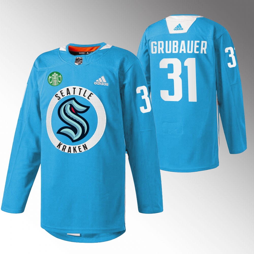 Philipp Grubauer Kraken Practice Jersey Blue Warmup