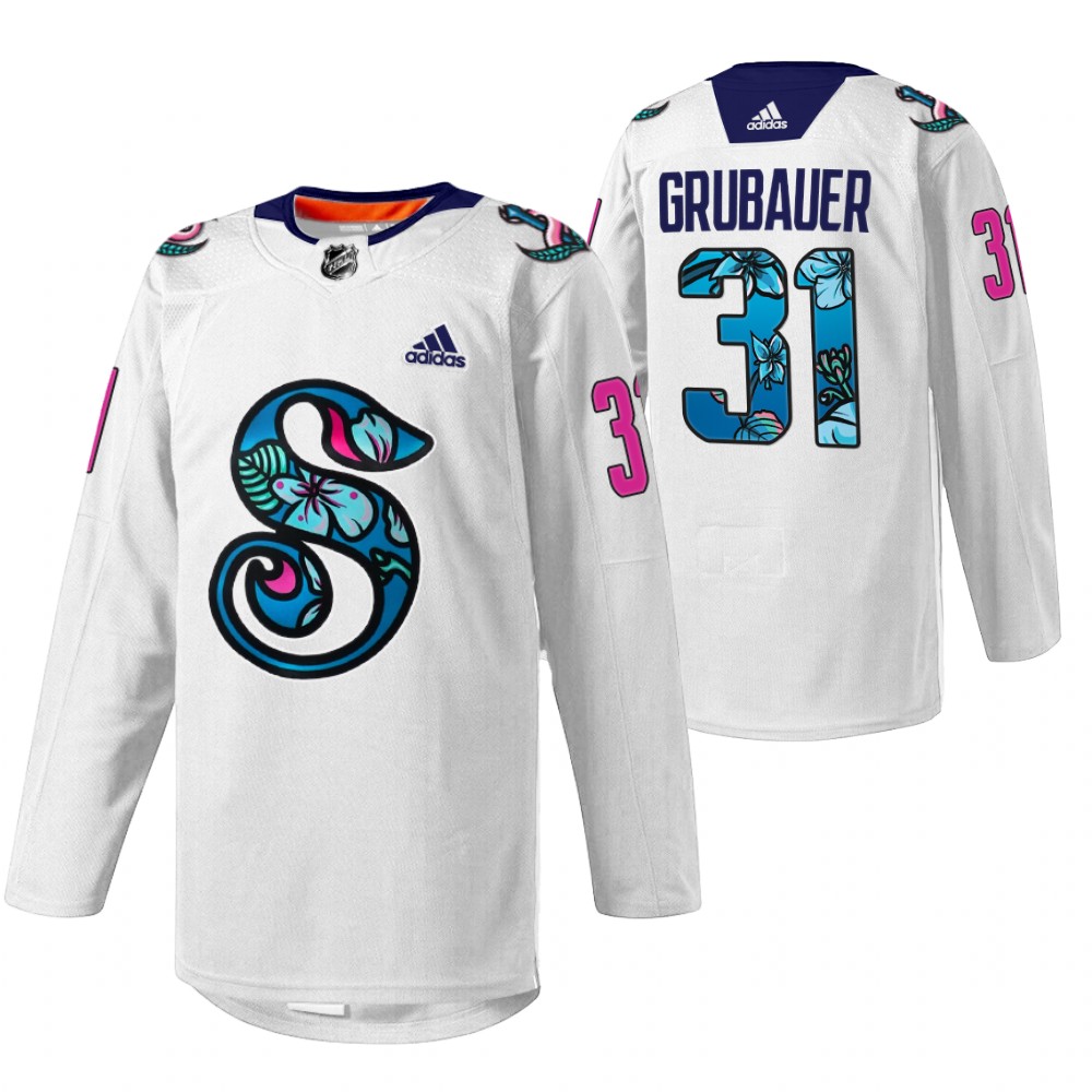 Philipp Grubauer Kraken Pride Night Jersey White Warmup