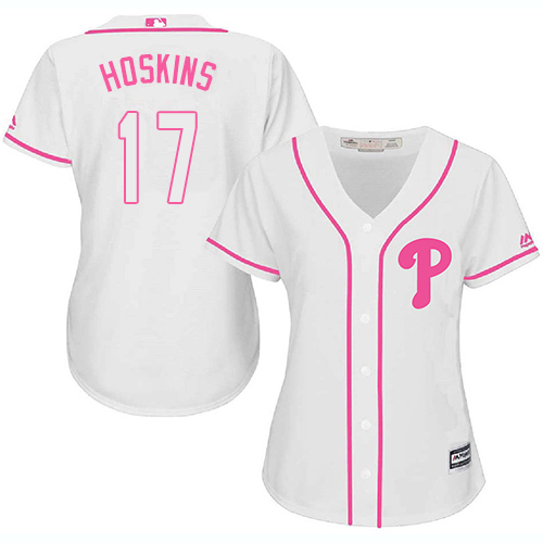 Phillies #17 Rhys Hoskins White Pink Fashion Women's Stitched MLB Jersey