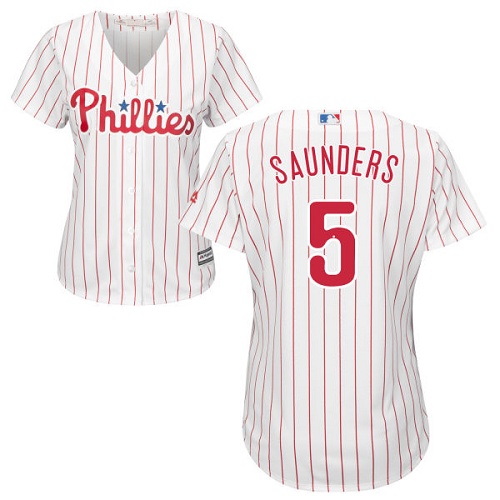 Phillies #5 Michael Saunders White(Red Strip) Home Women's Stitched MLB Jersey