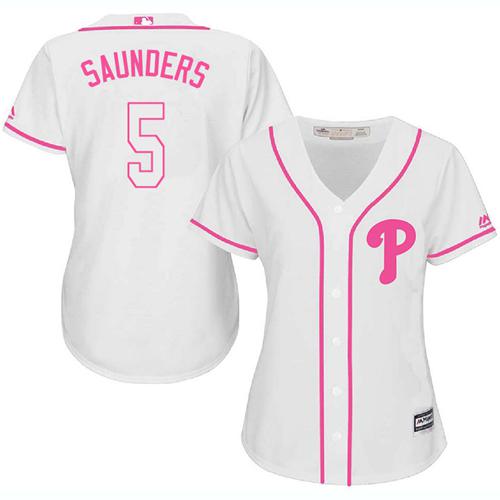 Phillies #5 Michael Saunders White Pink Fashion Women's Stitched MLB Jersey