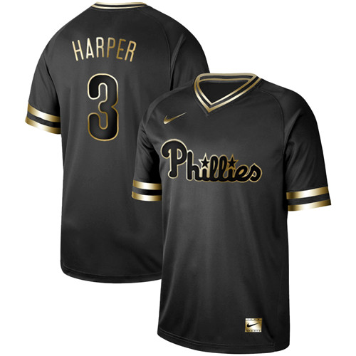 Phillies 3 Bryce Harper Black Gold Nike Cooperstown Collection Legend V Neck Jersey