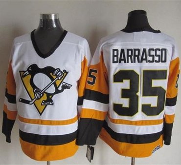 Pittsburgh Penguins #35 Tom Barrasso White Black CCM Throwback NHL Jersey