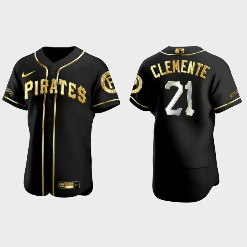 Pittsburgh Pirates #21 Roberto Clemente Golden Edition Authentic Jersey – Black