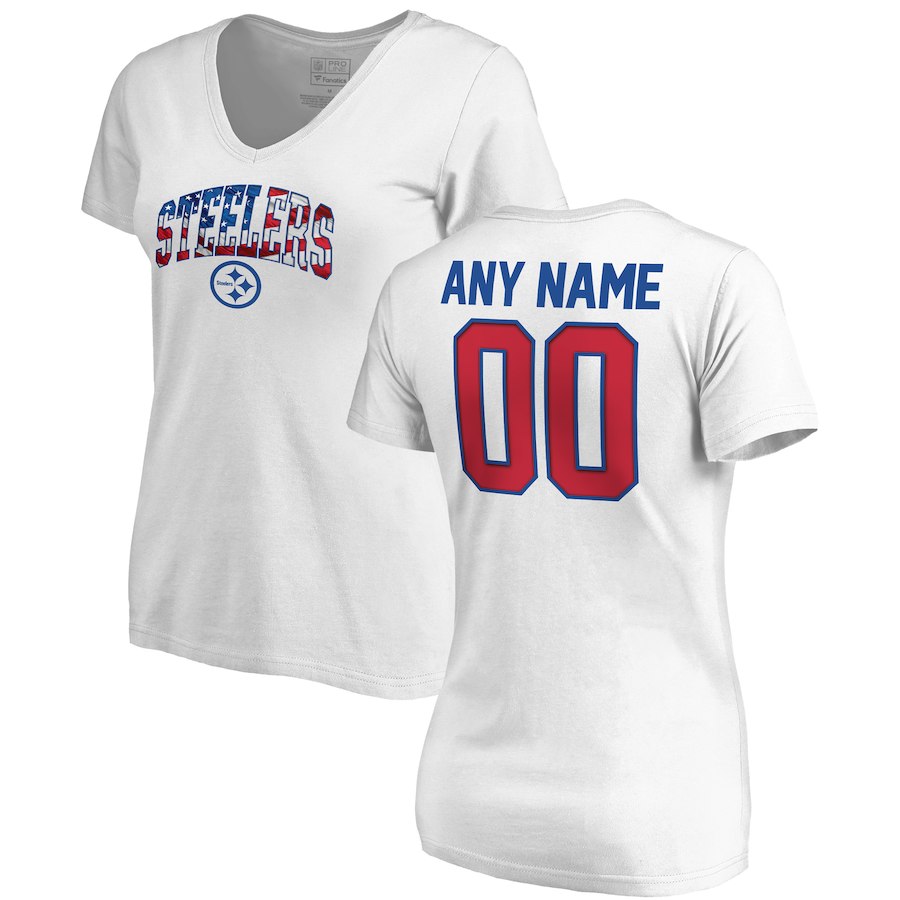Pittsburgh Steelers NFL Pro Line By Fanatics Branded Women's Any Name & Number Banner Wave V Neck T-Shirt White