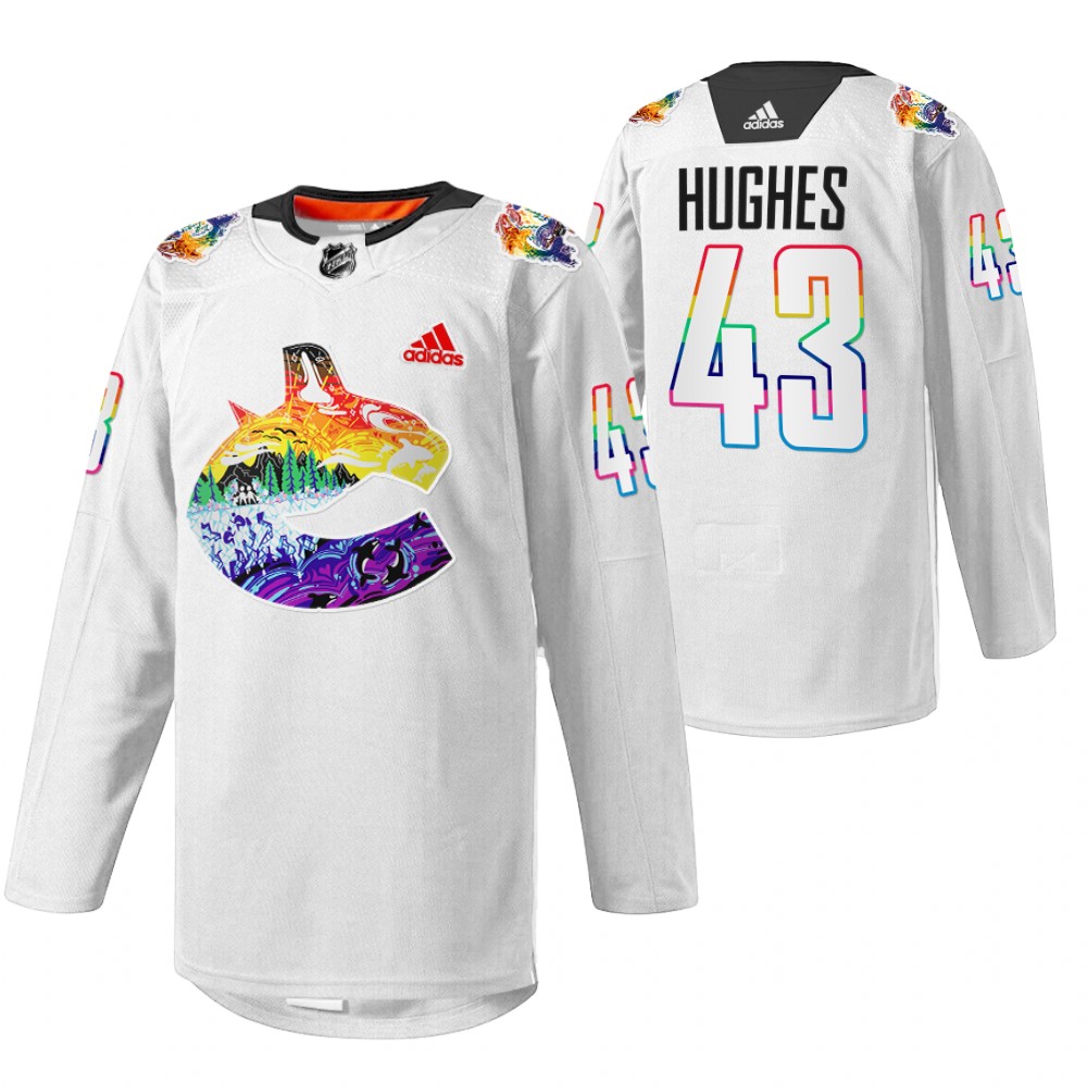 Quinn Hughes Canucks Pride Night Jersey White Mio Artwork Warmup